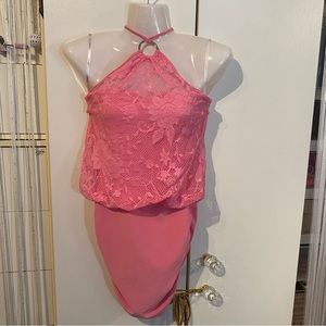 Sirens Pink Floral Lace Mesh Halter Top Mini Dress Size S